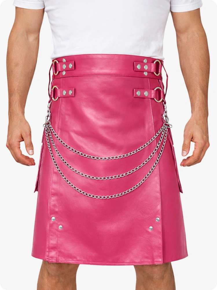 Pink Leather Utility Kilt with Chain Detailing & Adjustable Straps