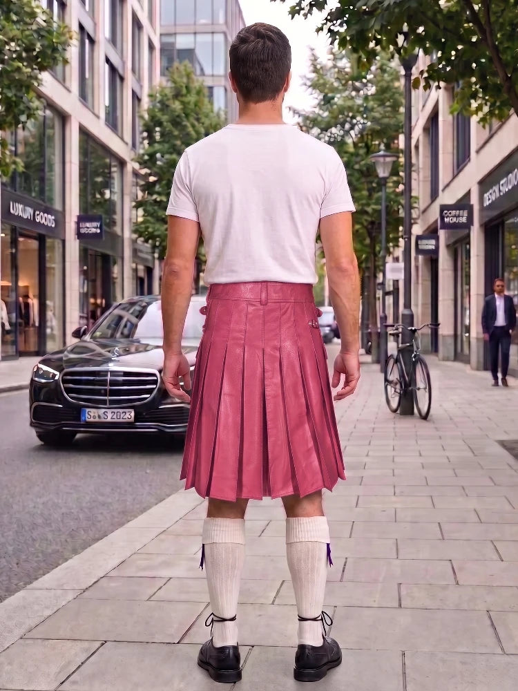 A man viewed from behind wearing a white t-shirt and a pink pleated faux-leather kilt, standing on a city sidewalk next to a street with a Mercedes-Benz car and trees.