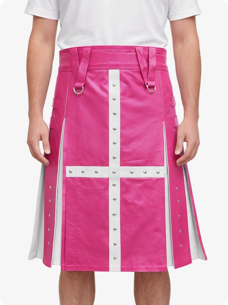 Pink Leather Utility Kilt with White Cross Panel & Metal Rivet Detailing