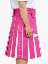 Pink kilt with white accents worn by a person on a white background