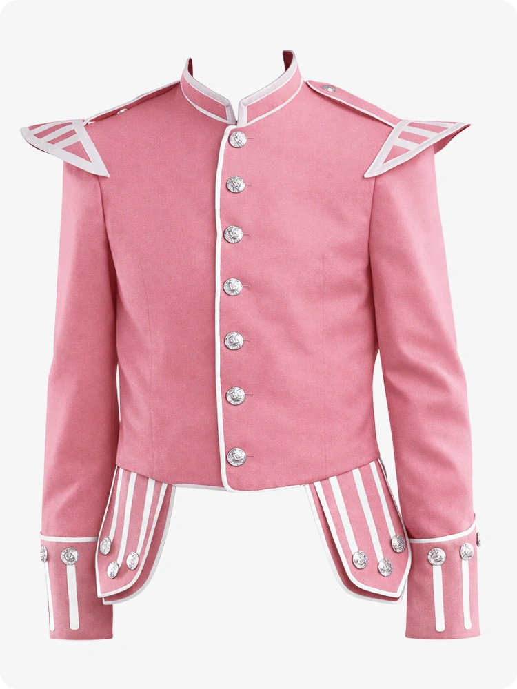 Giacca Doppia Militare Scozzese Rosa con Rifiniture Argento e Spalline