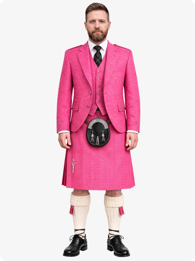 Man wearing a bright pink kilt with a white background