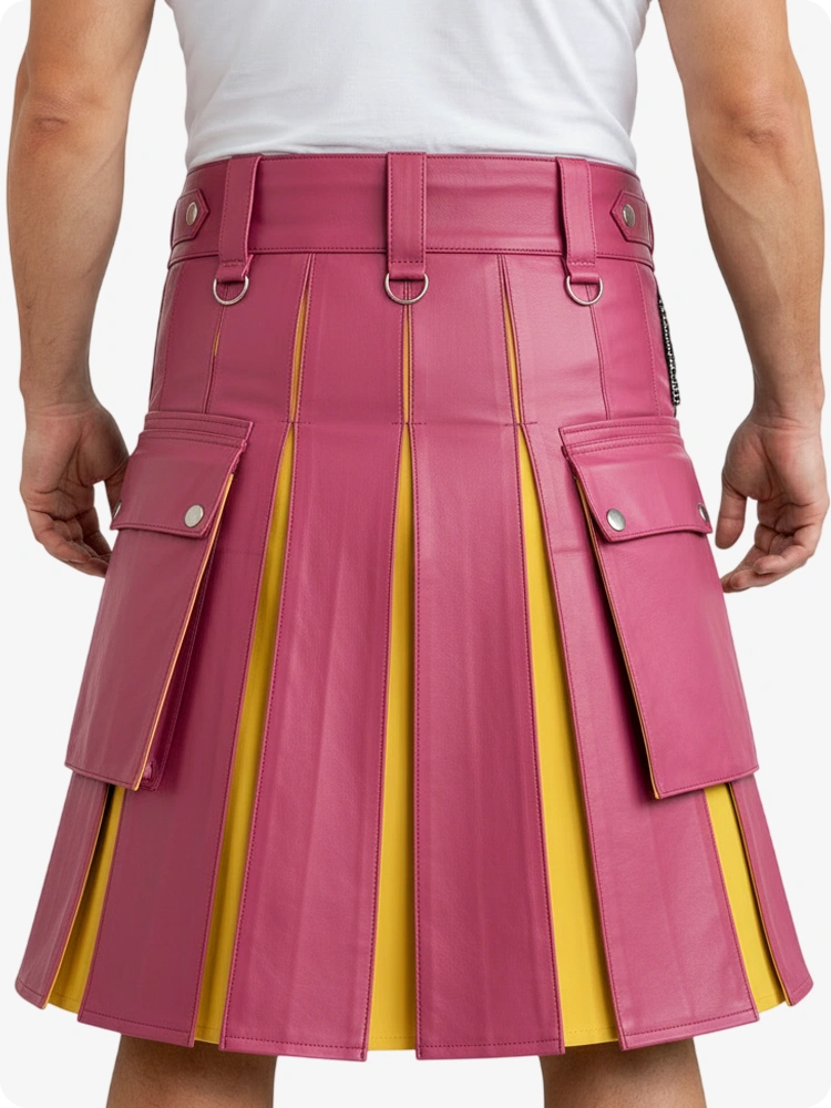 Pink and yellow pleated kilt worn by a person on a white background