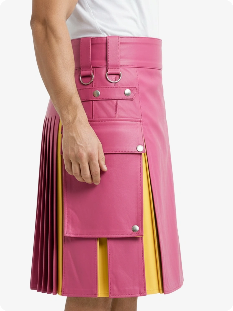 Kilt in pelle rosa e giallo con tasche cargo