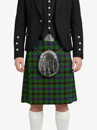 Person wearing a black jacket and green plaid kilt with a silver sporran on a white background