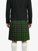 Person wearing a black jacket and green plaid kilt on a white background