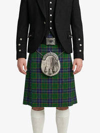 Person wearing a black jacket and green plaid kilt with a silver sporran on a white background