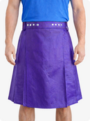 Person wearing a blue shirt and purple kilt on a white background