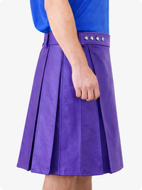 Purple pleated skirt with a blue top on a white background