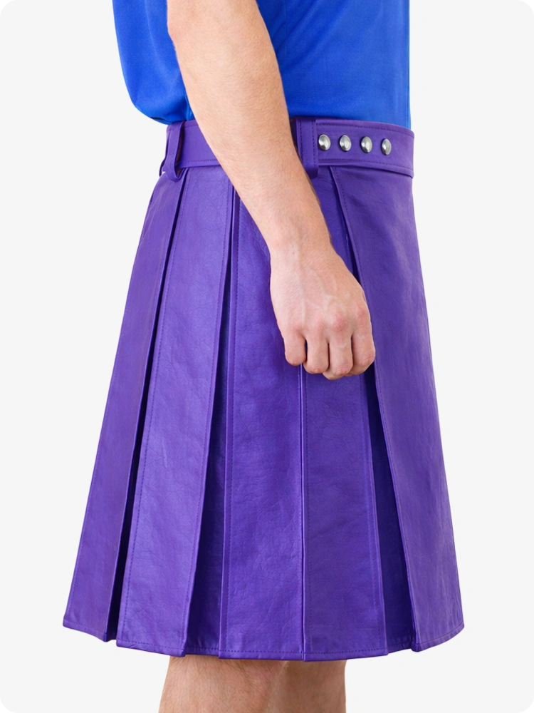 Purple pleated skirt with a blue top on a white background