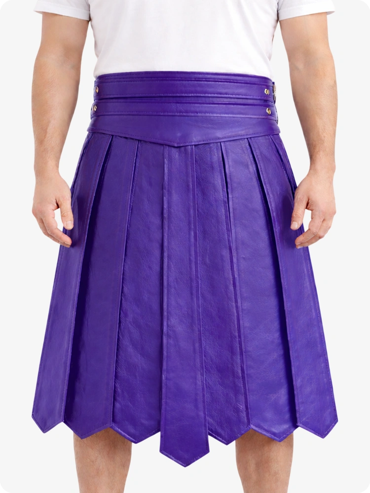 Purple pleated skirt worn by a person on a white background