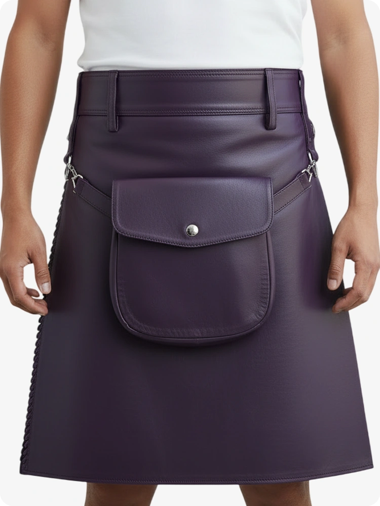 Kilt in pelle pieghettato viola con passanti cintura e cinghie laterali
