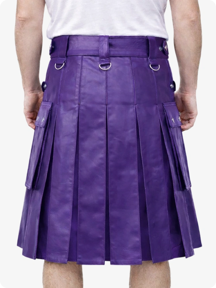 Purple kilt worn by a person on a white background