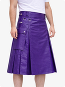 Purple leather skirt worn by a person on a white background
