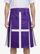 Purple skirt with white accents worn by a person on a white background