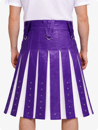 Purple and white pleated skirt worn by a person on a white background