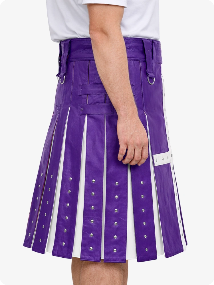Purple Leather Utility Kilt with White Cross Panel & Metal Rivet Detailing