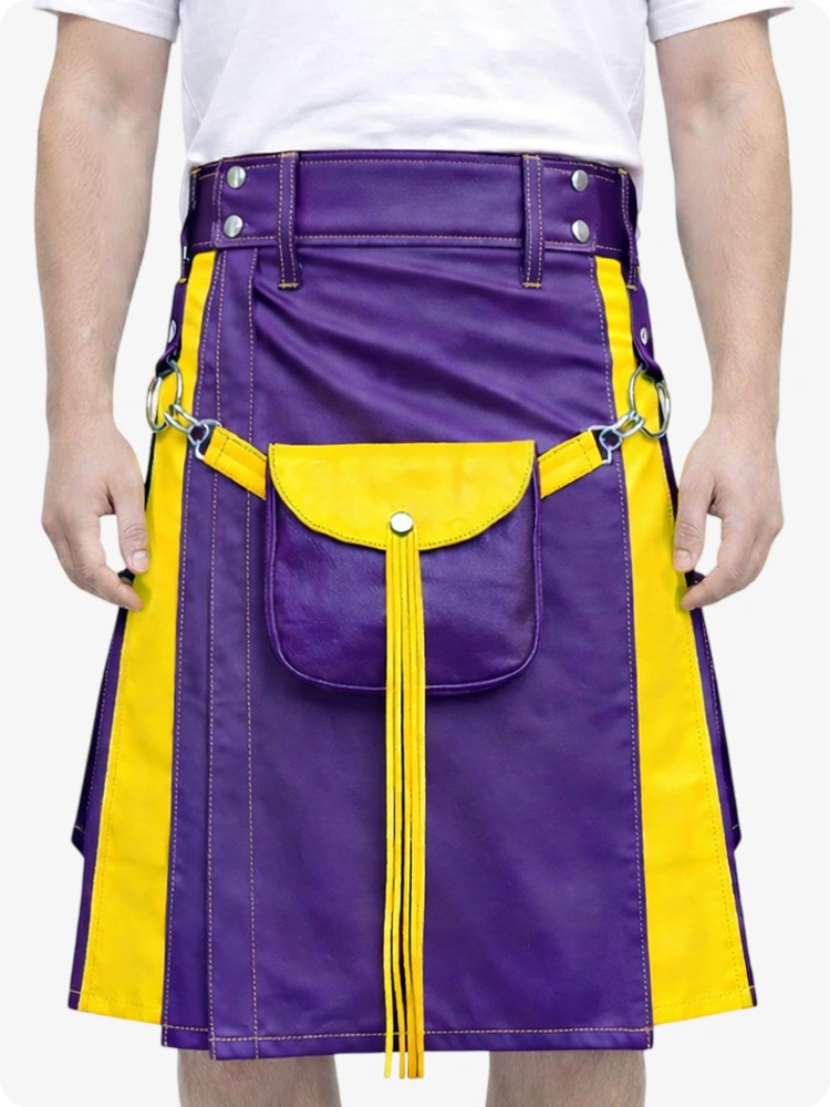 Purple Leather Utility Kilt with Yellow Accents & Detachable Pockets