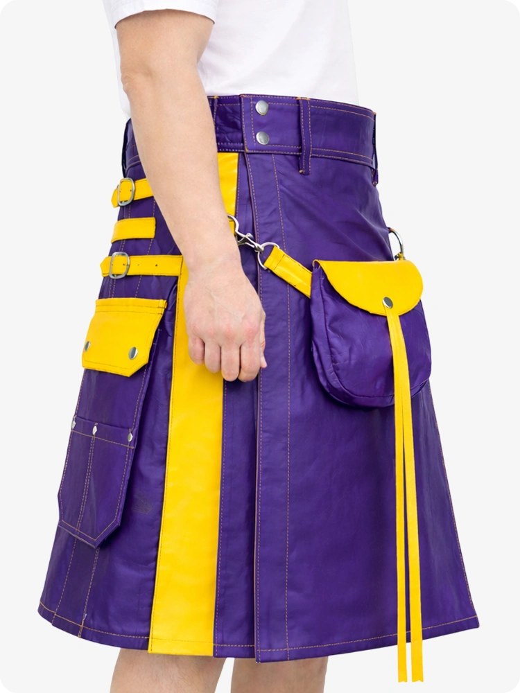 Purple Leather Utility Kilt with Yellow Accents & Detachable Pockets