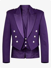 Purple formal suit jacket with silver buttons on a white background