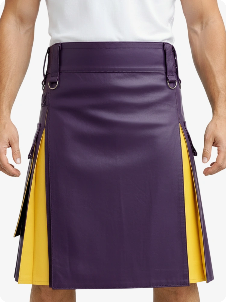 Kilt in pelle viola e giallo con tasche cargo