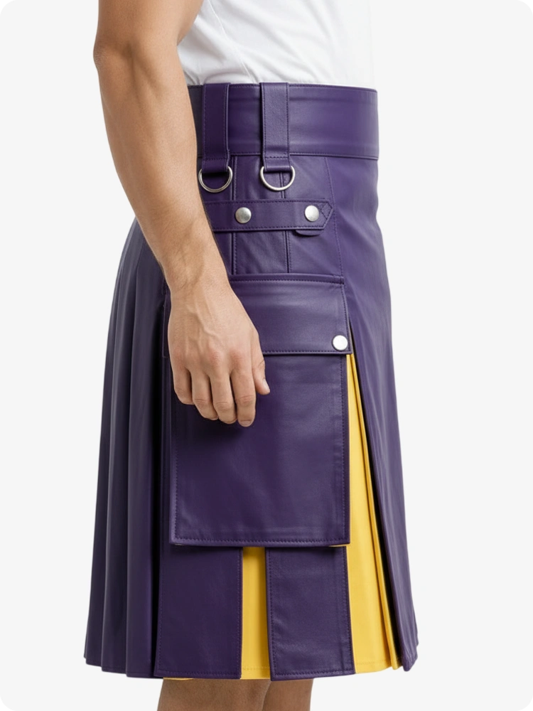 Kilt in pelle viola e giallo con tasche cargo