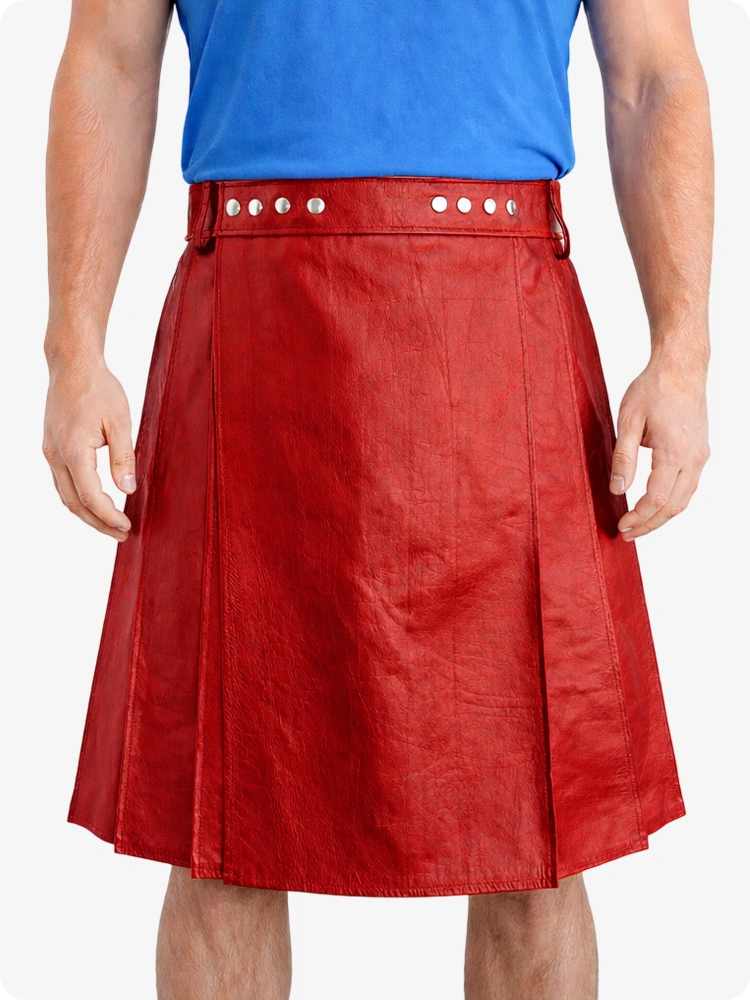 Red Genuine Leather Utility Kilt with Studded Waistband