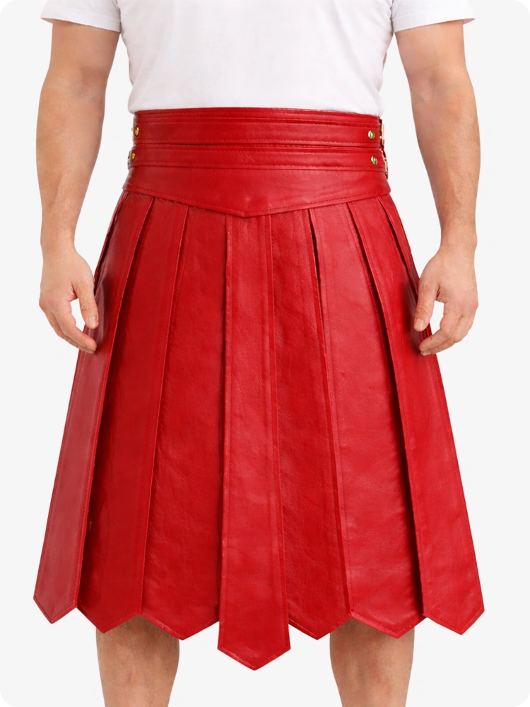 Red Leather Highland Kilt Adjustable Buckle Waist & Classic Pleats