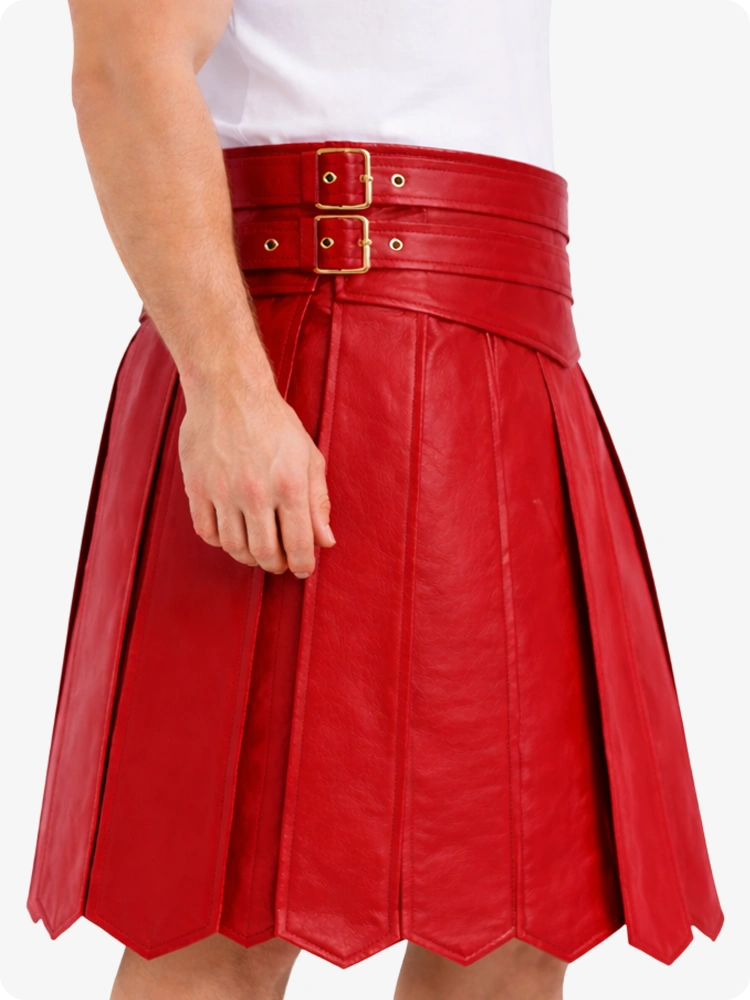 Red Leather Highland Kilt Adjustable Buckle Waist & Classic Pleats