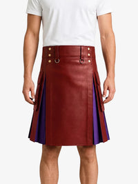Red Leather Kilt With Purple Pleats