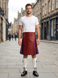 Red Leather Kilt With Purple Pleats Front Side
