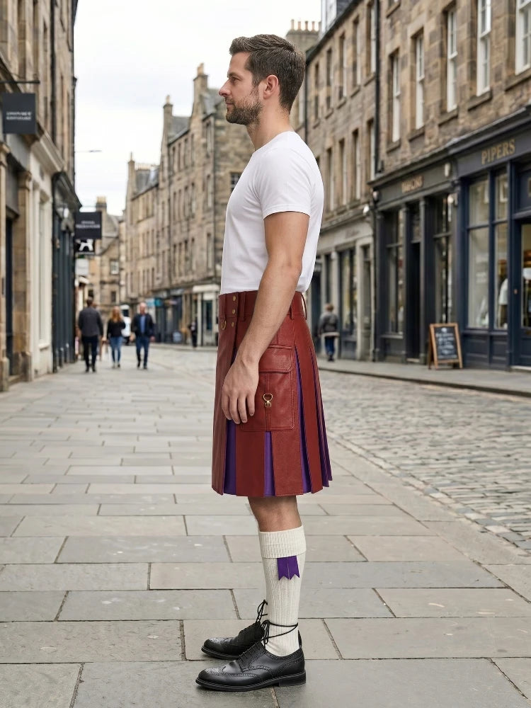 Red Leather Kilt With Purple Pleats Left Side