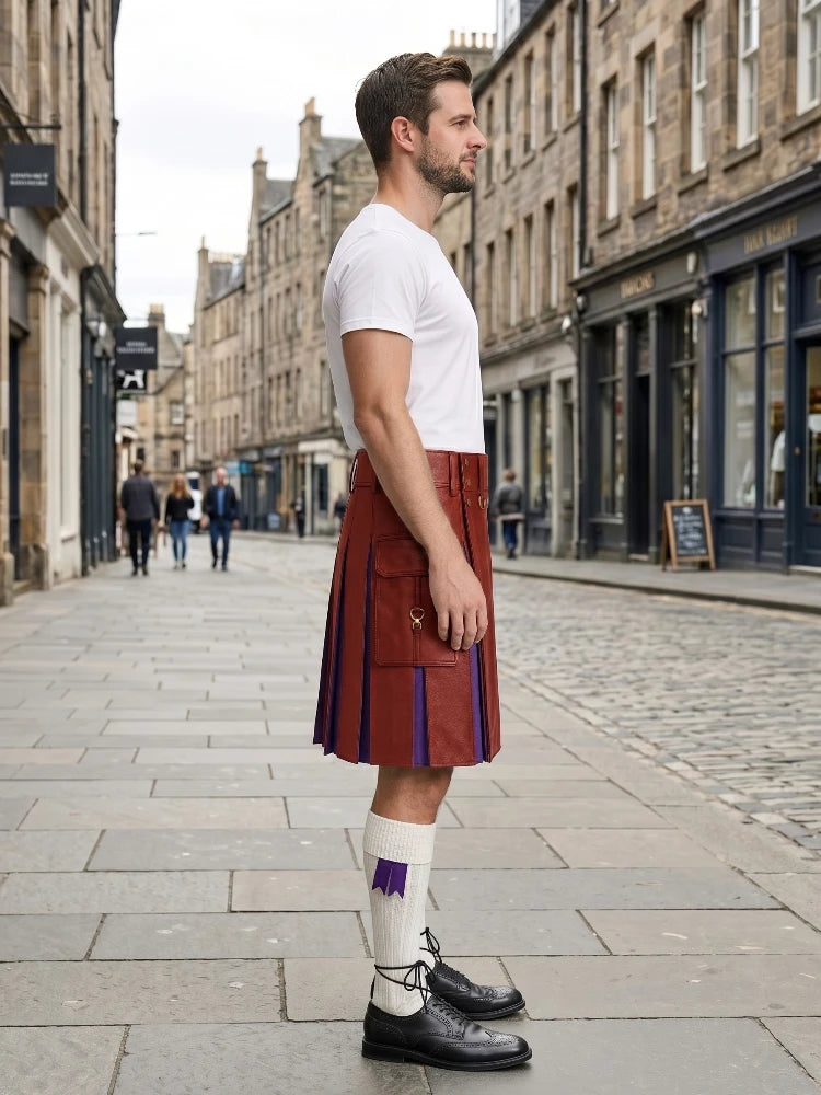Red Leather Kilt With Purple Pleats Right Side