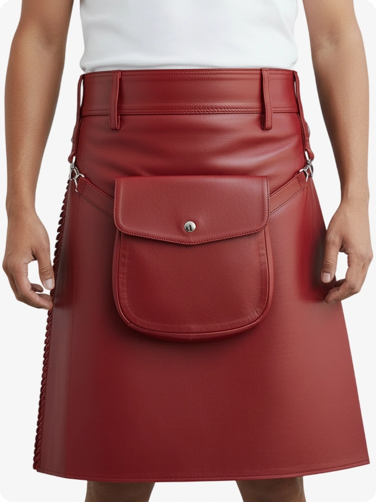 Kilt in pelle pieghettato rosso con passanti cintura e cinghie laterali