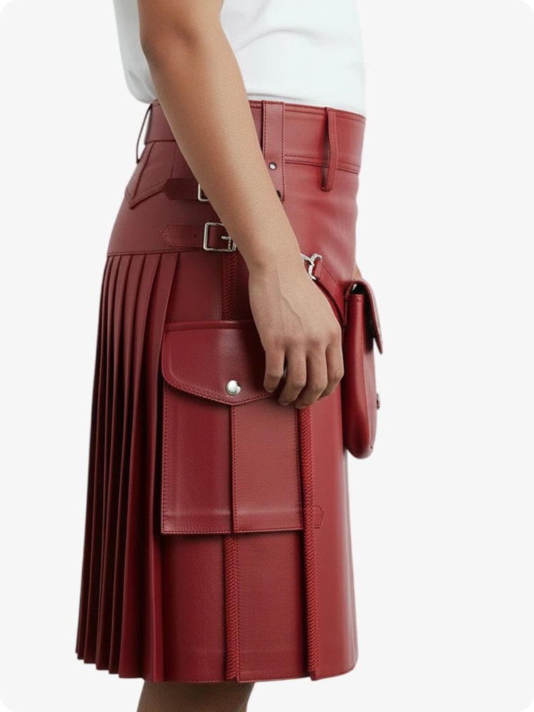 Kilt in pelle pieghettato rosso con passanti cintura e cinghie laterali