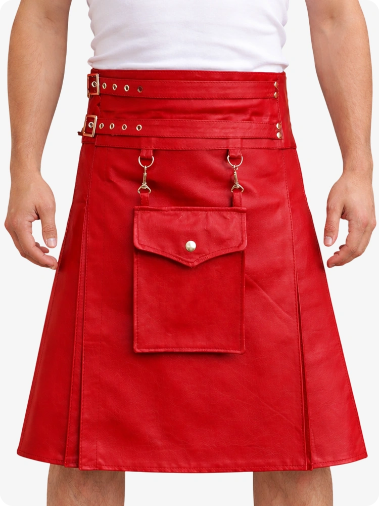 Red Leather Utility Kilt with Front Pocket & Adjustable Buckle Straps