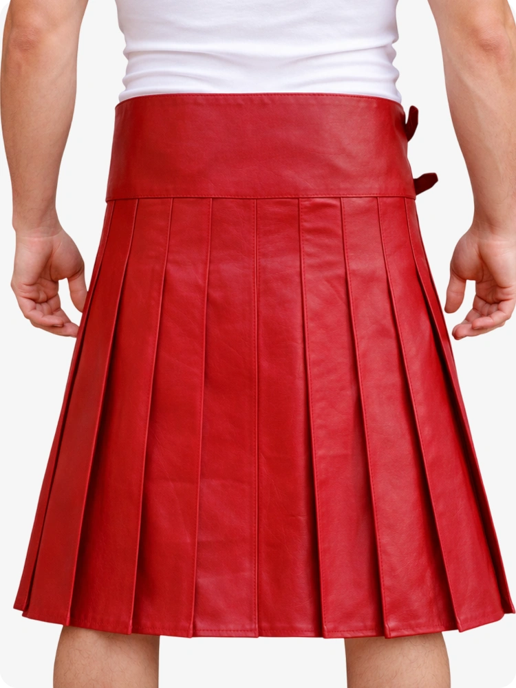 Red Leather Utility Kilt with Front Pocket & Adjustable Buckle Straps