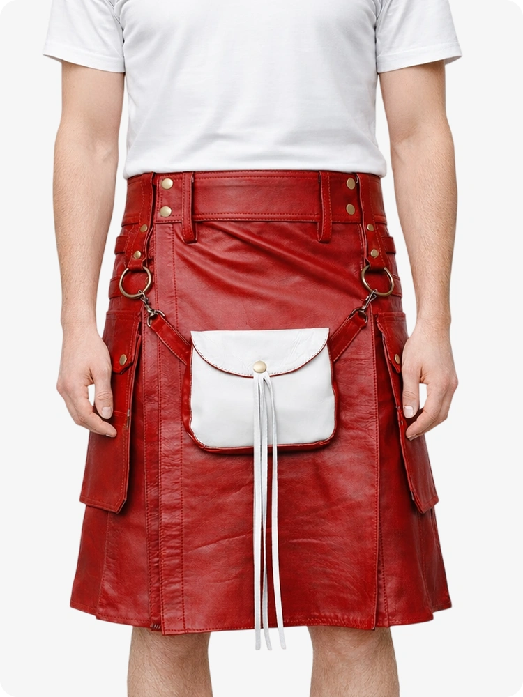Red Leather Utility Kilt with Front Sporran