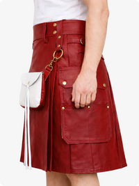 Red leather skirt with gold buttons and a white handbag on a white background