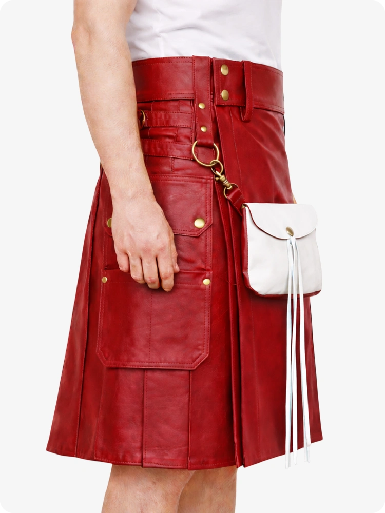 Red leather skirt with gold buttons and a white handbag on a white background