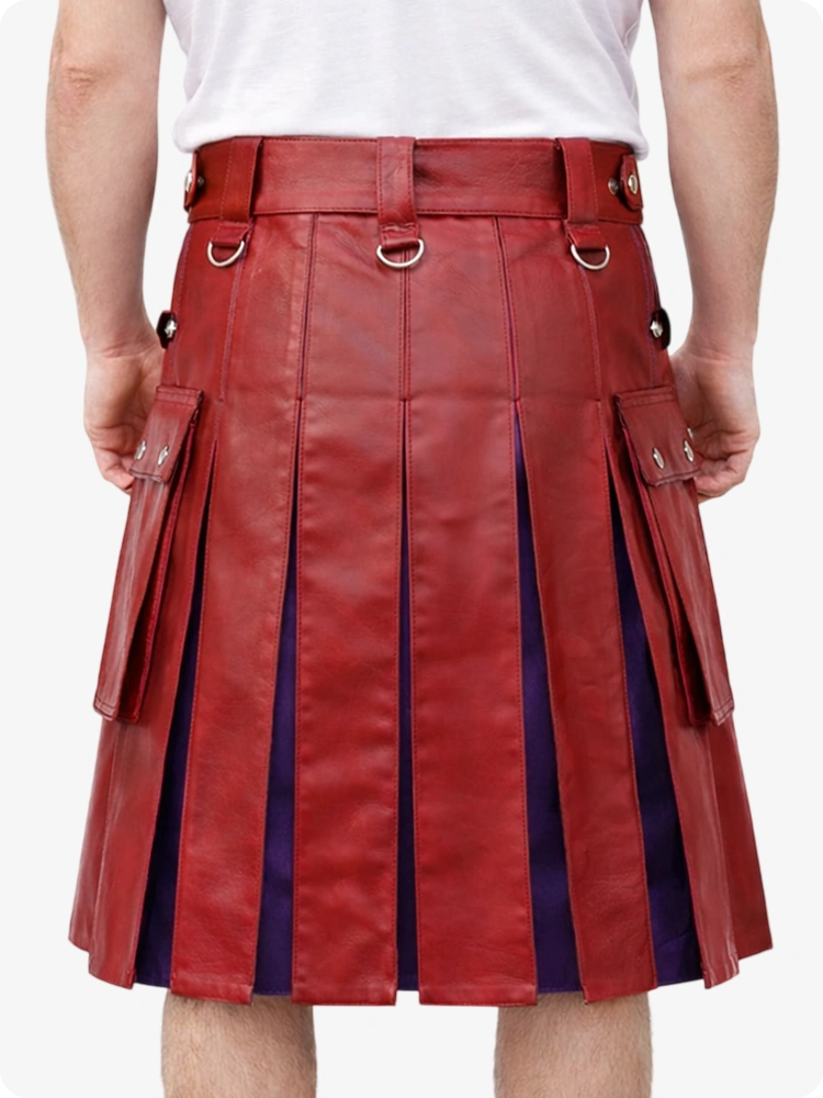 Red leather kilt worn by a person on a white background