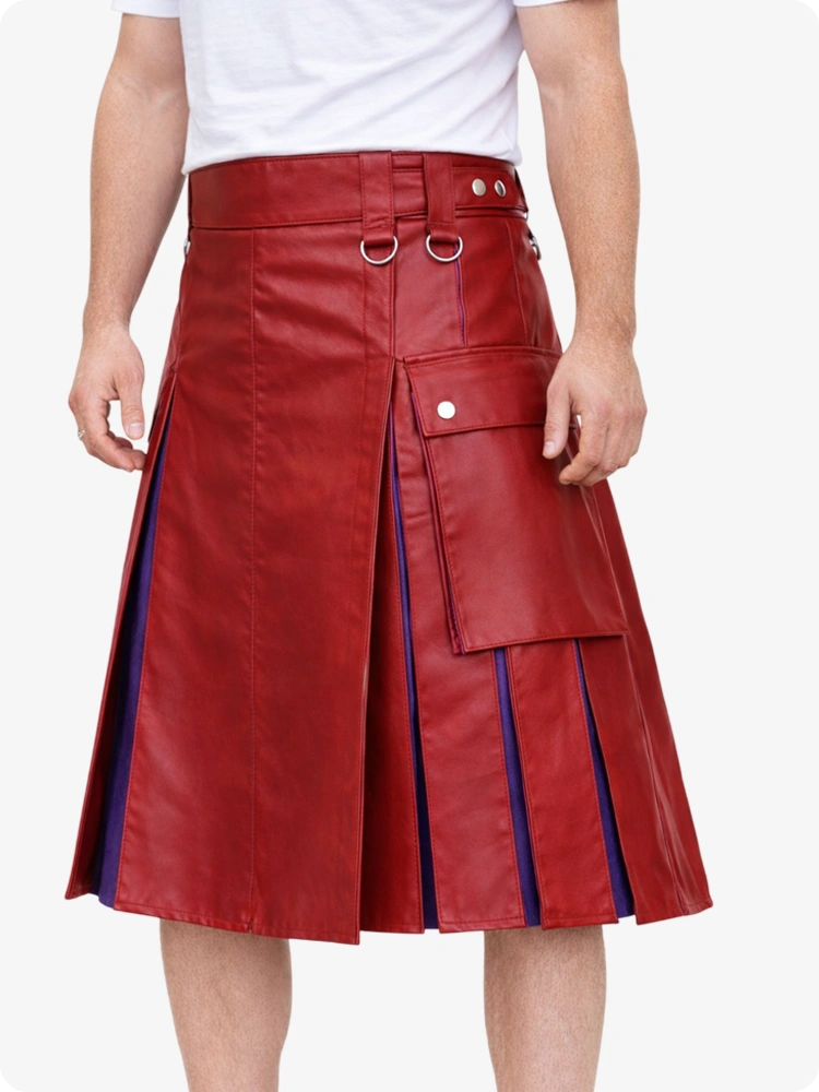 Red Leather Utility Kilt with Purple Pleats, Side Pockets & D-Ring Hardware