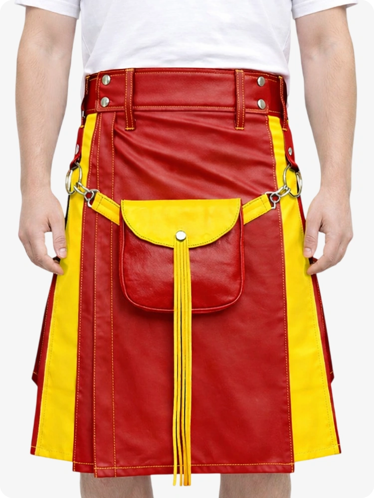 Red Leather Utility Kilt with Yellow Accents & Detachable Pockets