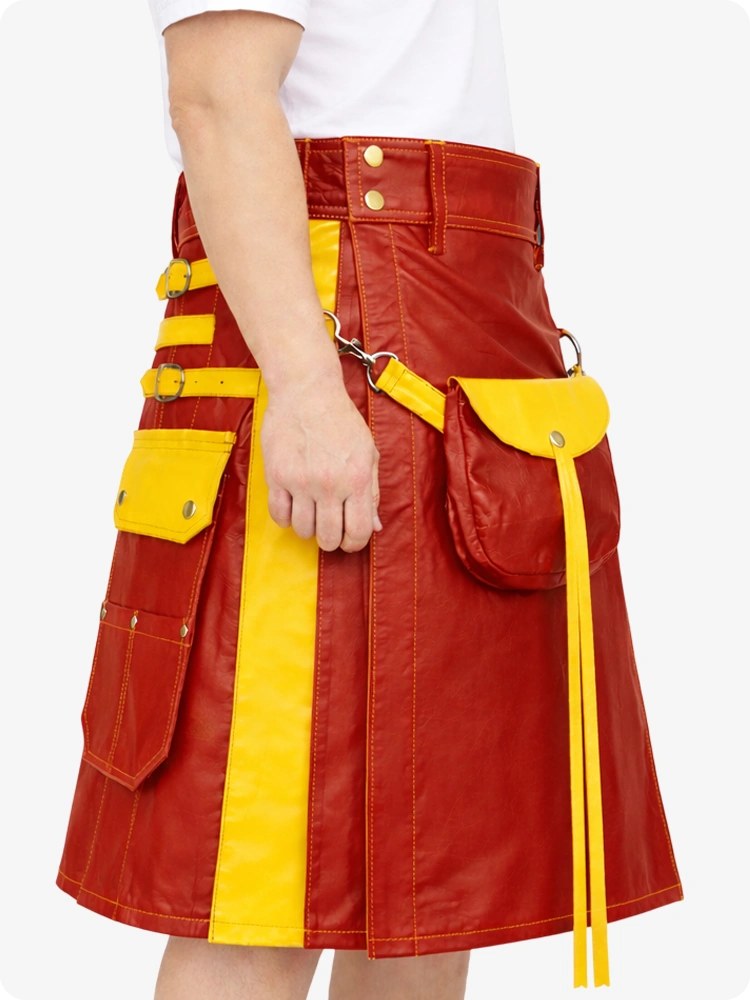 Red Leather Utility Kilt with Yellow Accents & Detachable Pockets