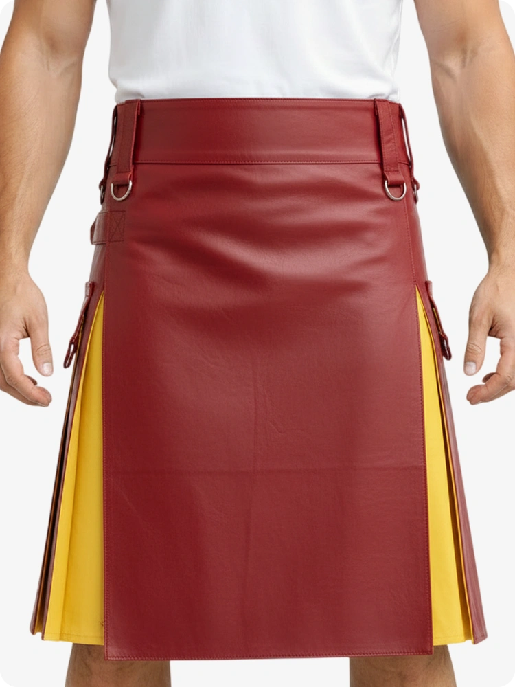 Kilt in pelle rosso e giallo con tasche cargo