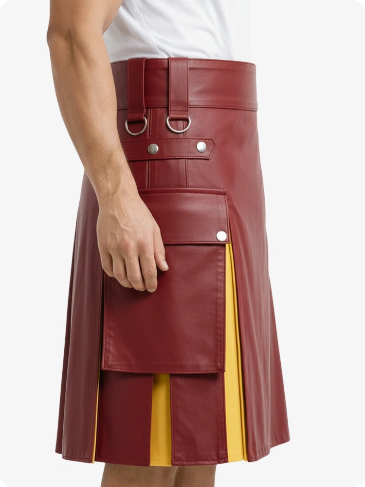 Kilt in pelle rosso e giallo con tasche cargo