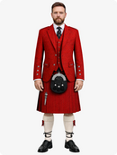 Man wearing a traditional Scottish kilt with a red jacket on a white background