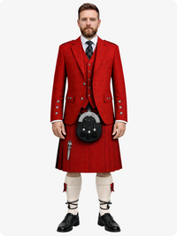Man wearing a traditional Scottish kilt with a red jacket on a white background