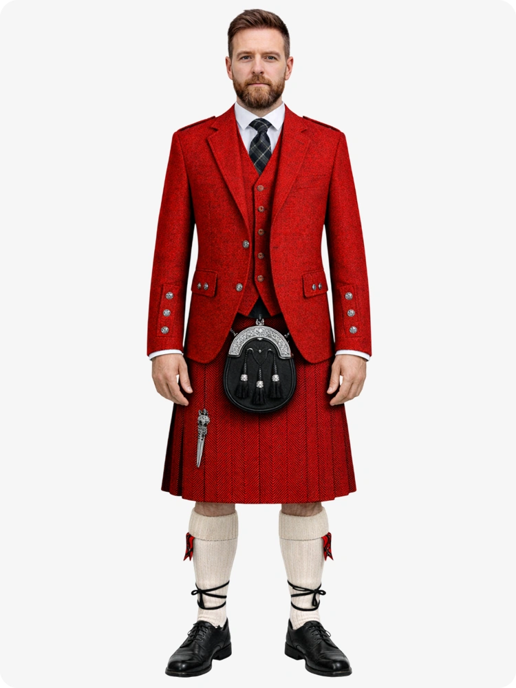 Red and Black Herringbone Tweed Kilt With Red and Black Herringbone Tweed Argyle Jacket kilt Outfit
