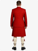 Person wearing a red Highland kilt with jacket on a white background
